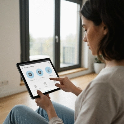 Person using a tablet to control smart home devices, showing energy monitoring and security settings