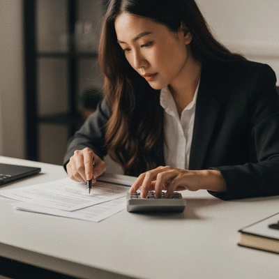 Person reviewing financial documents and a calculator, representing loan eligibility