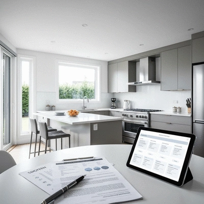 Modern kitchen renovation in progress with financial documents on a table nearby, no text, no words, no typography, clean image