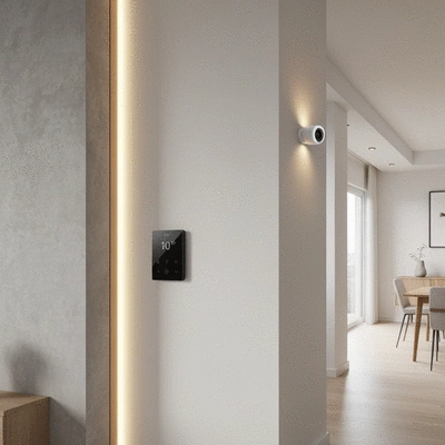 Smart home devices seamlessly integrated into a modern living room, showing smart thermostat, lighting, and security camera