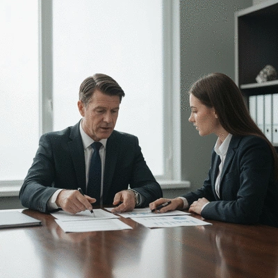 Financial advisor consulting with a client, showing documents on a table, professional setting, no text