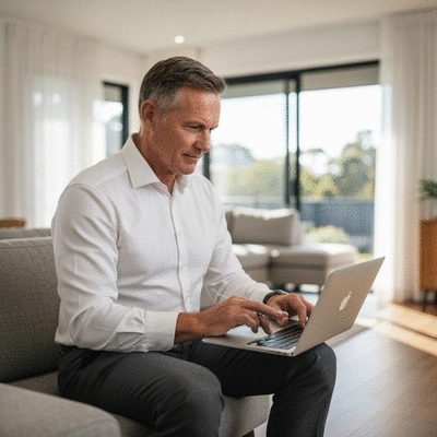 Person using a home equity loan calculator on a laptop with a modern home background