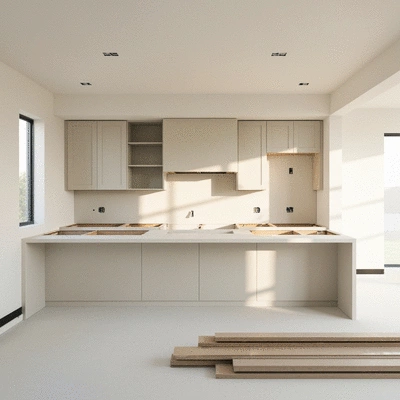 Modern kitchen renovation in progress, showing construction and design elements, no text, no words, no typography