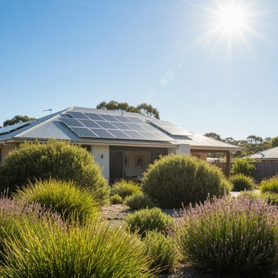 Modern Australian home with solar panels and lush native garden