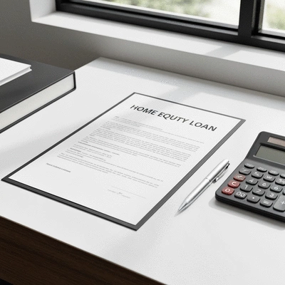 Close-up of a home equity loan document with a pen and calculator on a modern desk
