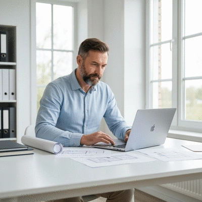 Person using a laptop to plan a home renovation budget, with blueprints and financial documents on a table