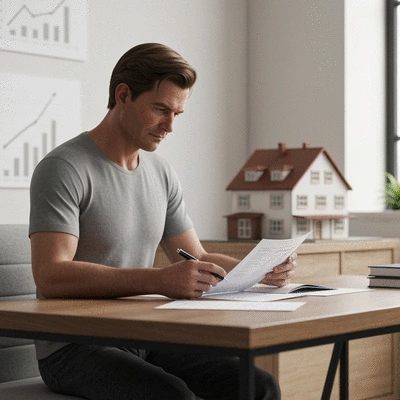 Person reviewing financial documents at a desk, with a house model in the background, symbolizing building home equity.