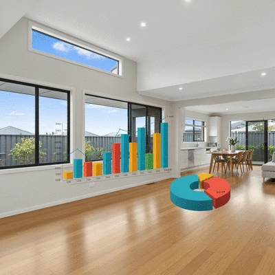 Modern Australian home with financial charts overlaid, representing home equity