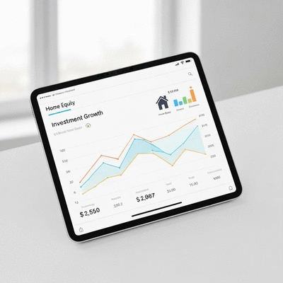 Modern financial dashboard showing home equity and investment growth on a tablet, no text, no words, no typography, 8K
