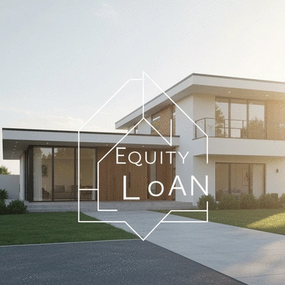 Modern home with 'Equity Loan' overlay, symbolizing financial opportunity