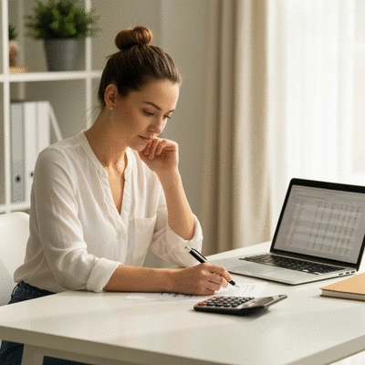 Person reviewing financial documents at a desk with a calculator and laptop, clean image, no text