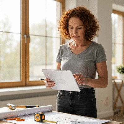 Woman reviewing renovation budget on a tablet, with construction tools in soft focus background