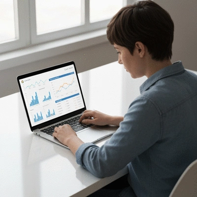 Person reviewing credit score on a laptop with graphs and financial data, no text, no words, no typography