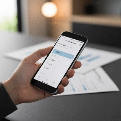 Hand holding a smartphone with a home equity calculator app on screen